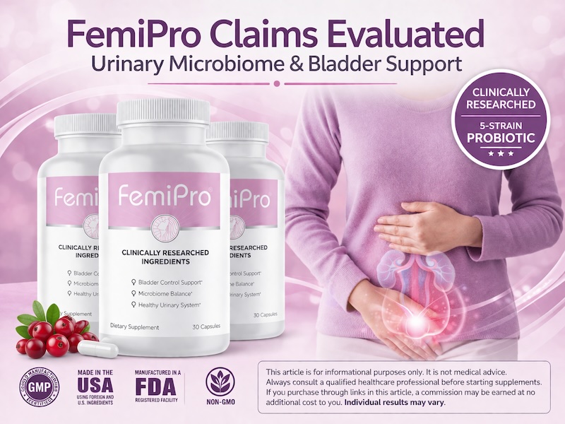 FemiPro Claims Evaluated: Bladder Control Support with Clinically-Research Ingredients for Women's Urinary Microbiome Benefits